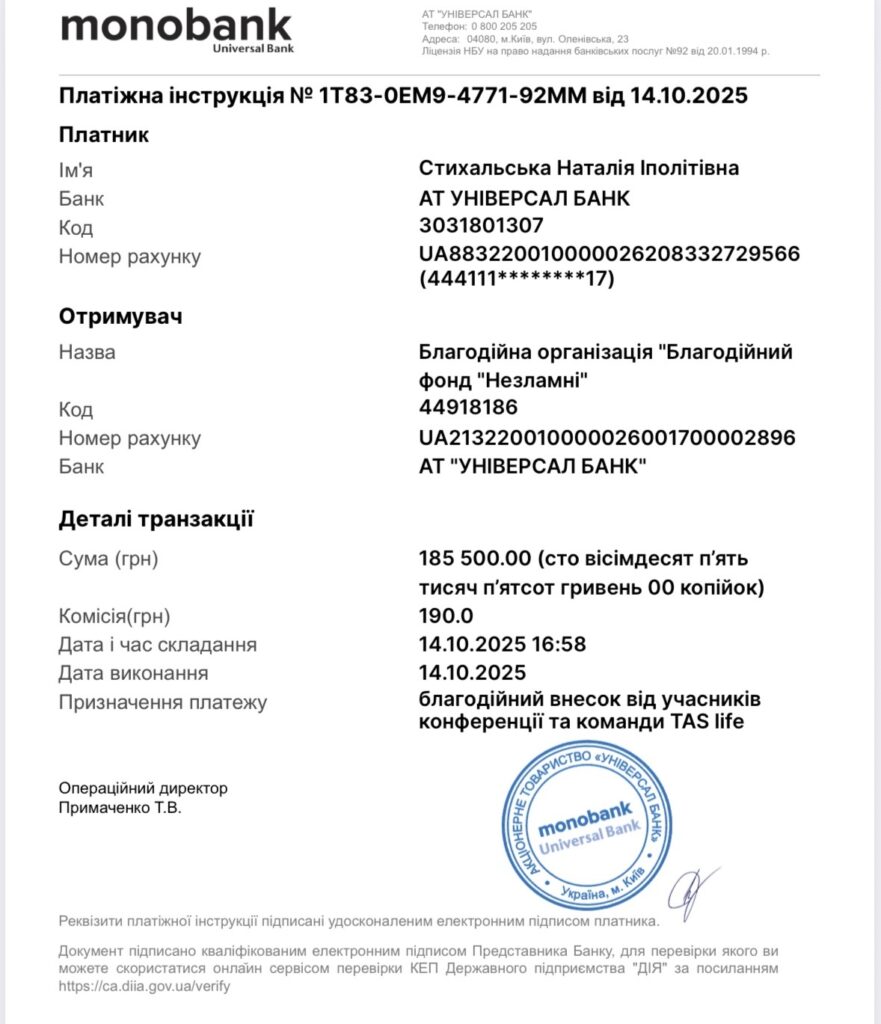 благодійний внесок фонду Unbroken від учасників конференції та команди TAS life